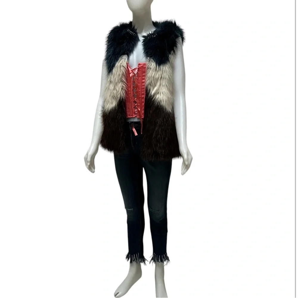 Guess Fur Vest Chain Detail Color Block Shaggy Chic Indie Sneeze‎ Boho Sz XSmall